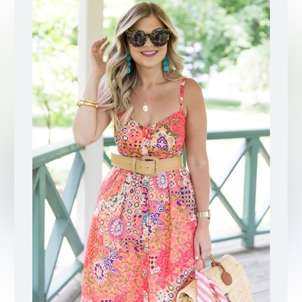 J. Crew Pink Cotton Classic Button Front Poplin Paisley Tie Waist Sundress NWOT - Picture 3 of 14